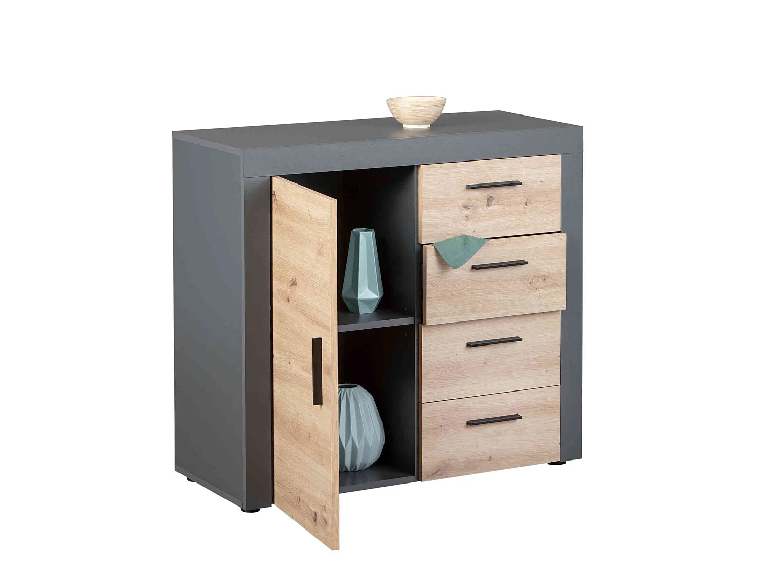 Commode 1 porte 4 tiroirs en bois imitation chêne et anthracite - CO12086