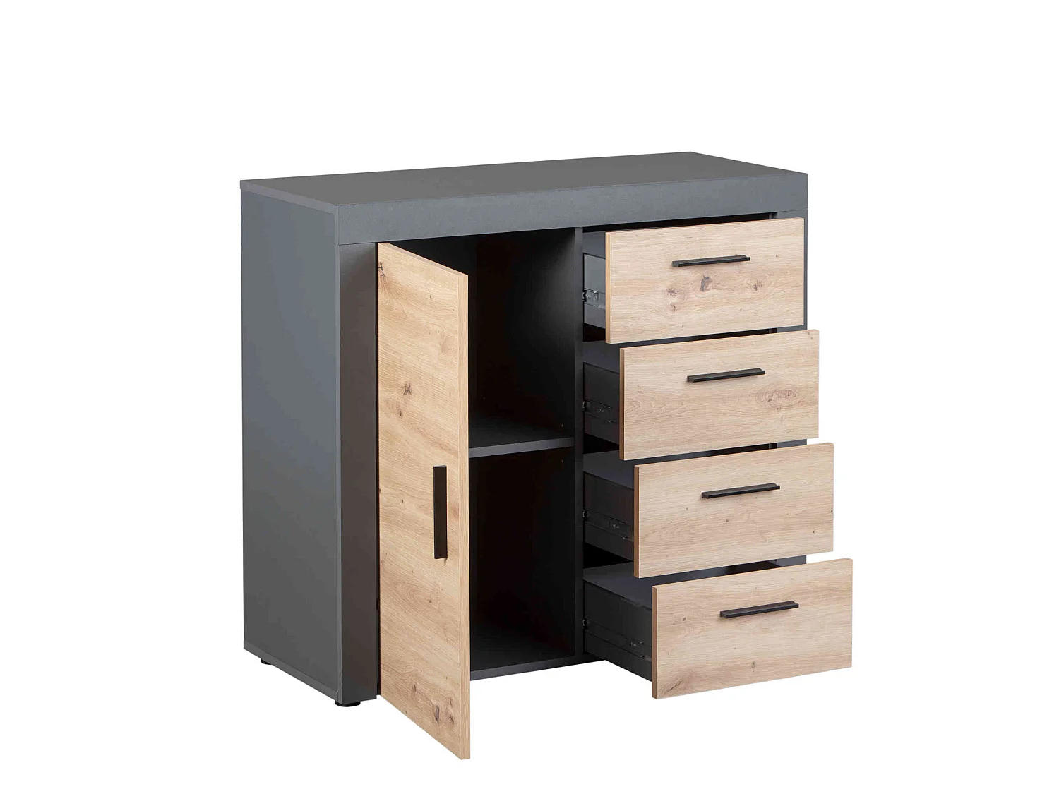 Commode 1 porte 4 tiroirs en bois imitation chêne et anthracite - CO12086