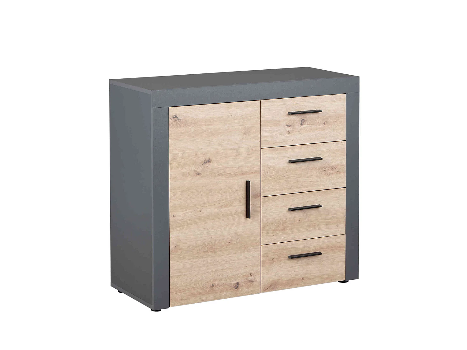 Commode 1 porte 4 tiroirs en bois imitation chêne et anthracite - CO12086