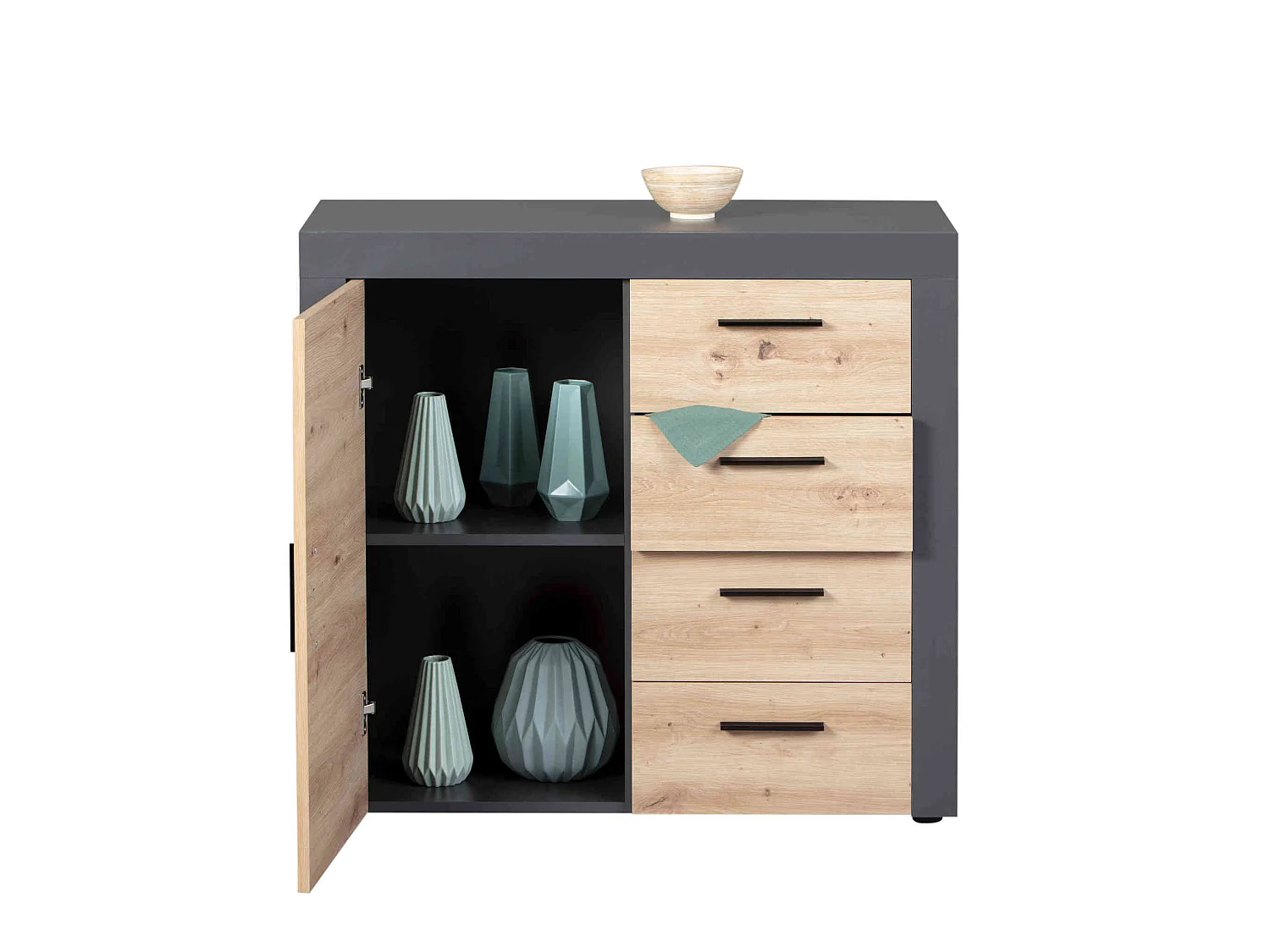 Commode 1 porte 4 tiroirs en bois imitation chêne et anthracite - CO12086