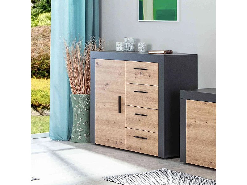 Commode 1 porte 4 tiroirs en bois imitation chêne et anthracite - CO12086