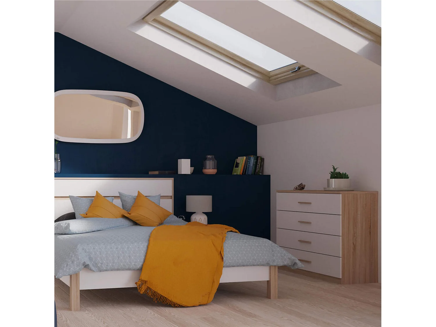 Commode 4 tiroirs imitation chêne brossé/blanc  CO129