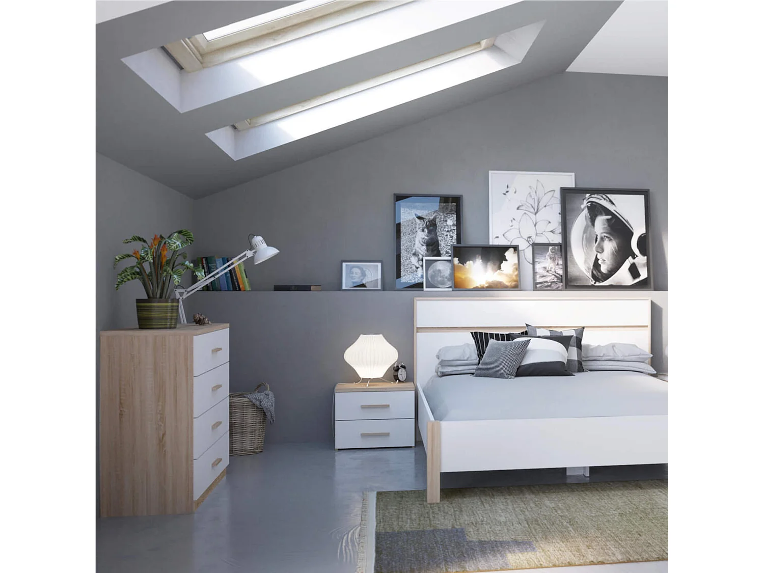 Commode 4 tiroirs imitation chêne brossé/blanc  CO129