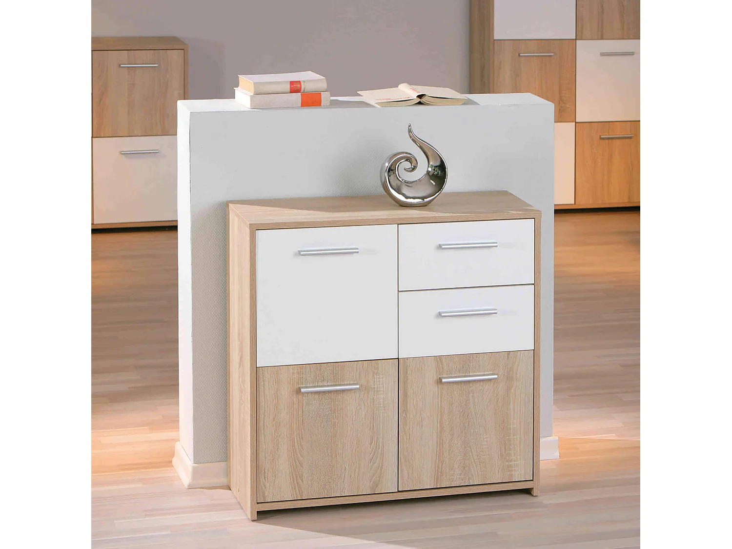 Commode 3 portes 2 tiroirs en bois imitation chêne sonoma et blanc - CO12053-1