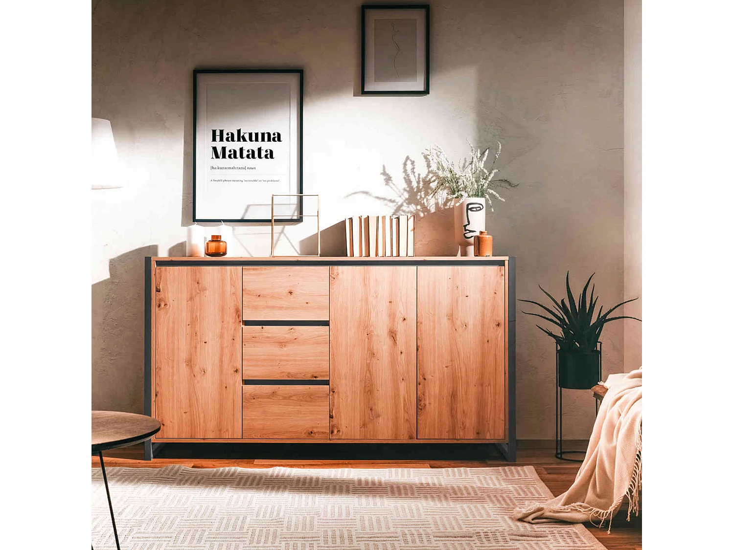 Commode 3 portes 3 tiroirs en bois imitation chêne - CO7109-3