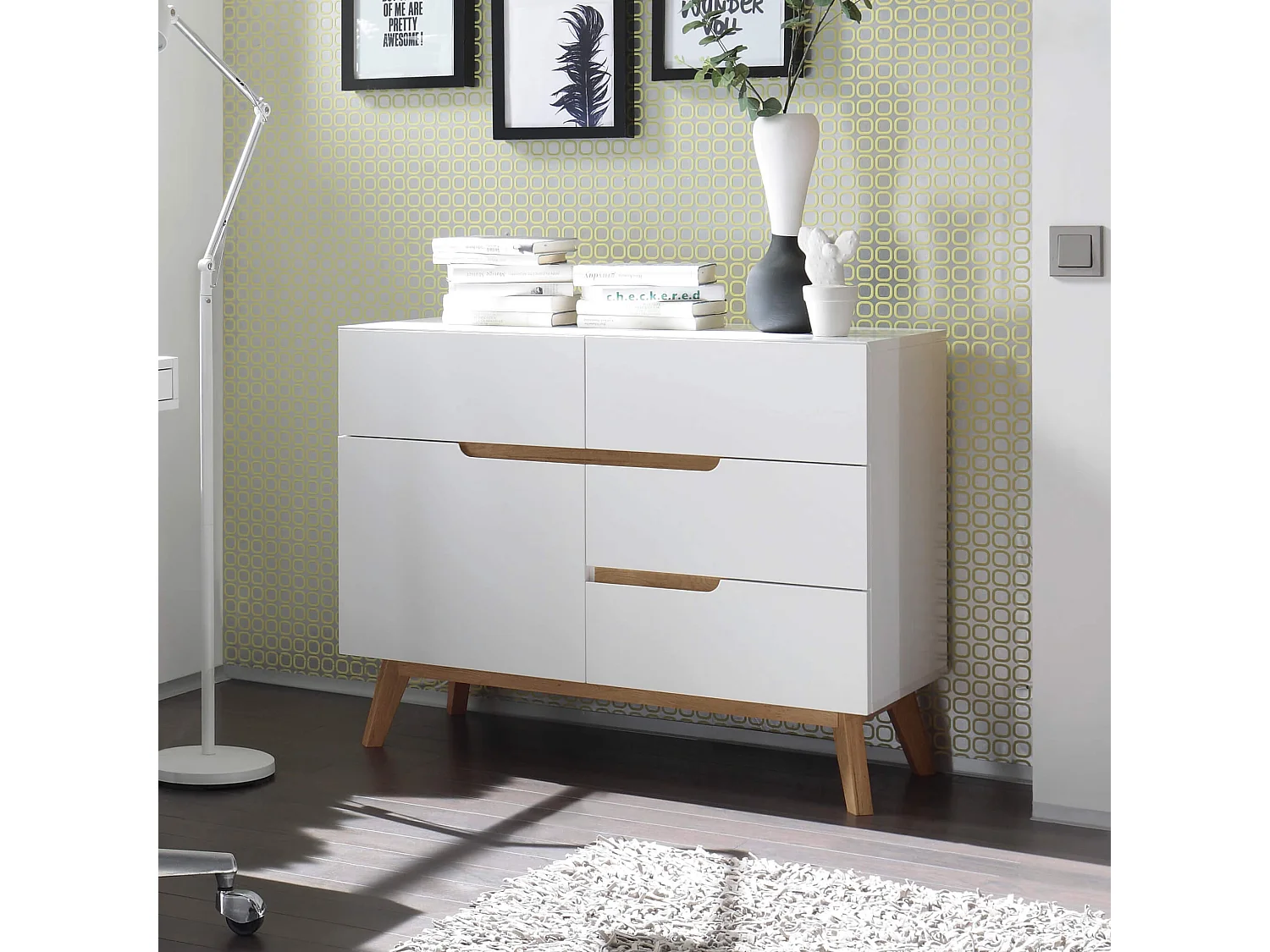 Commode 4 tiroirs 1 porte en bois blanc et chêne - CO16001-1