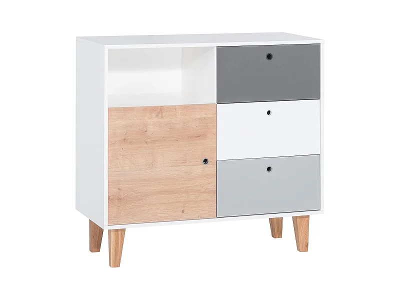 Commode 3 tiroirs 1 porte naturelle avec niche de rangement en bois avec pieds en chêne massif - CO17019
