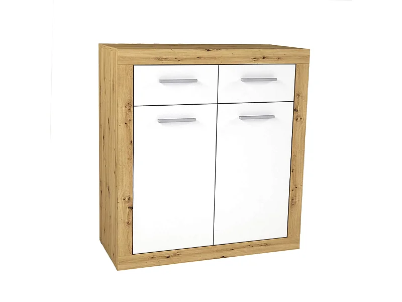 Commode 2 portes 2 tiroirs imitation chêne artisan et blanc brillant - CO13055-1