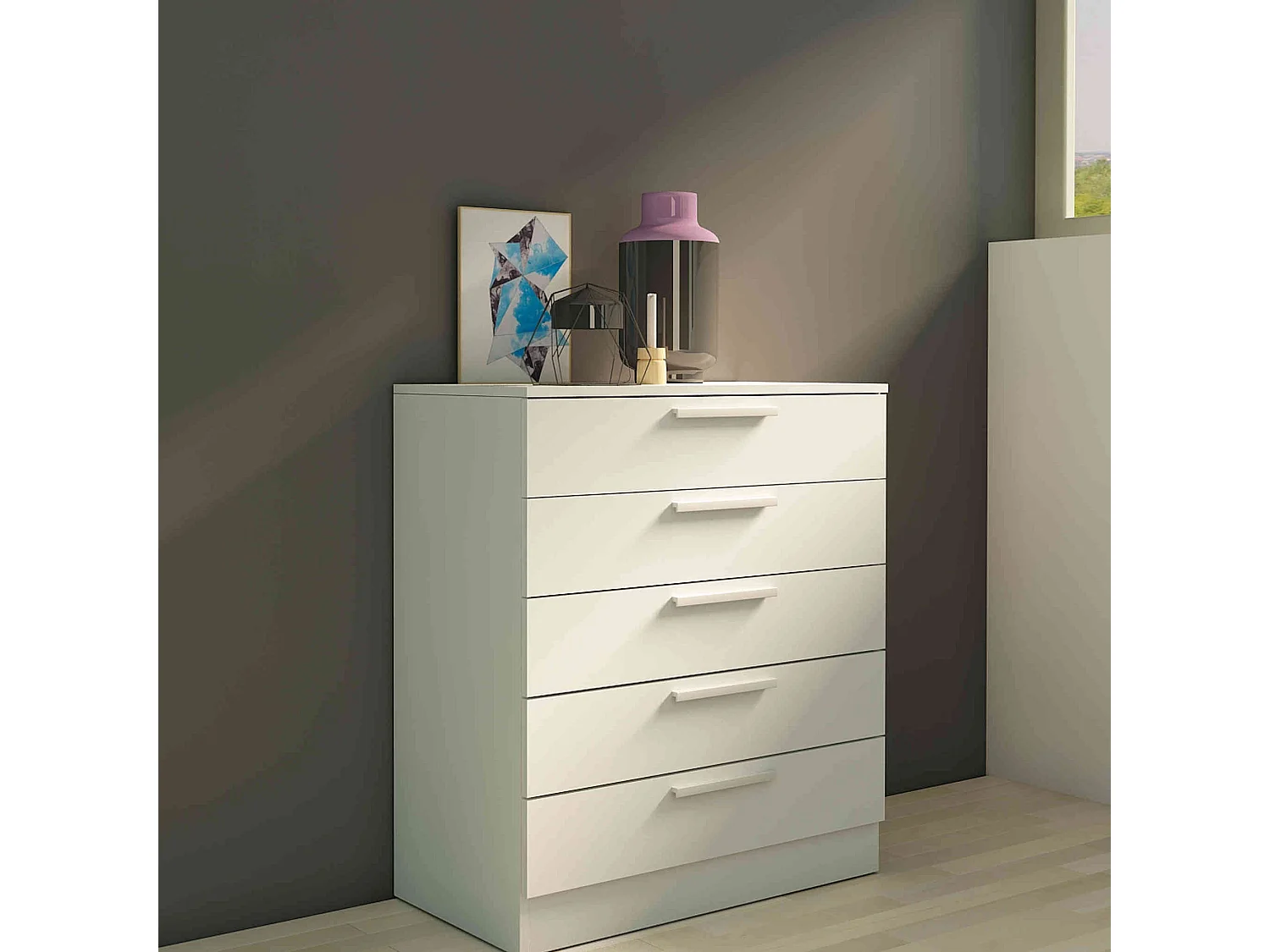 Commode 5 tiroirs en bois blanc - CO9022