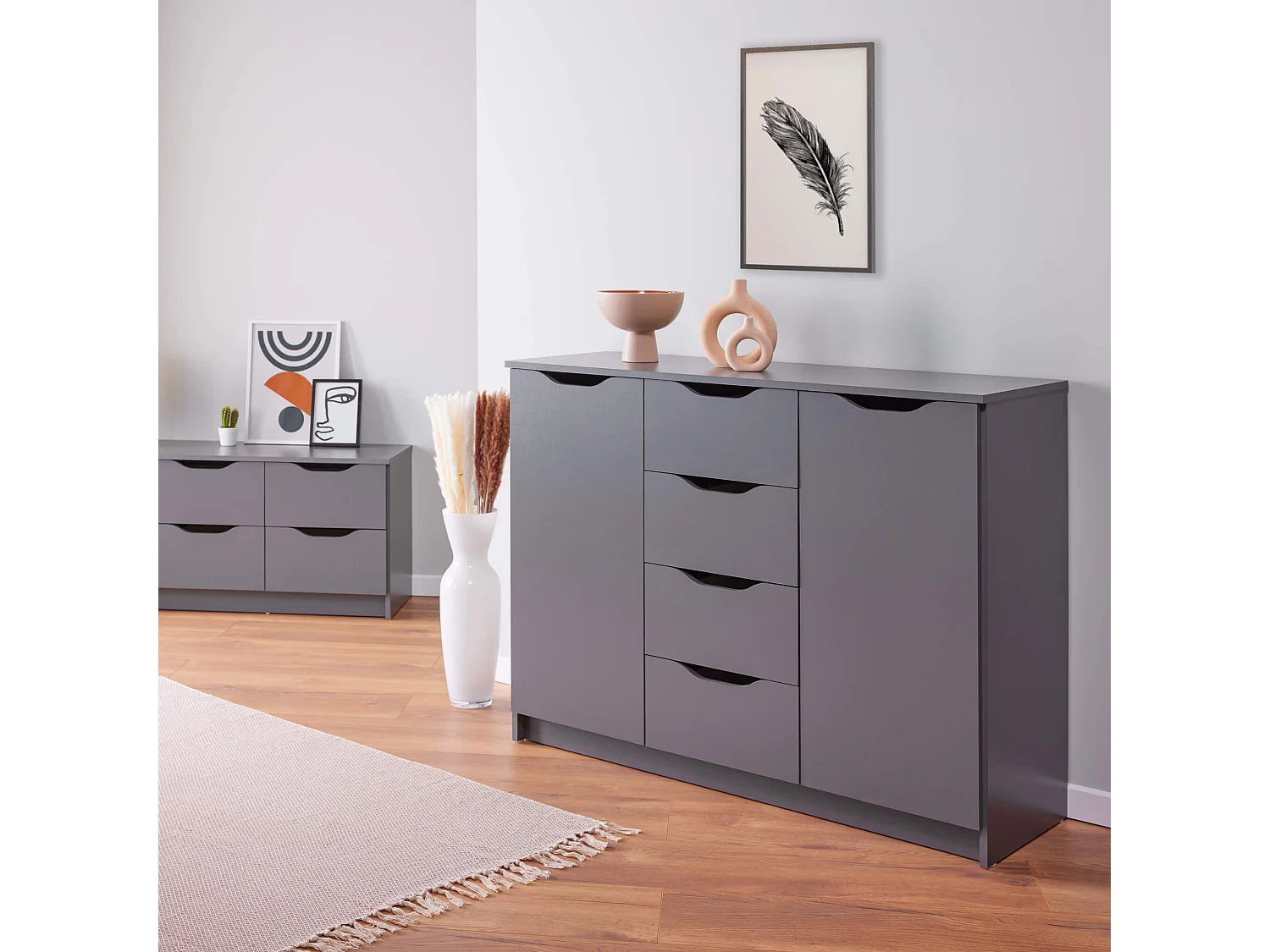 Commode 2 portes et 4 tiroirs en bois gris anthracite - CO12099