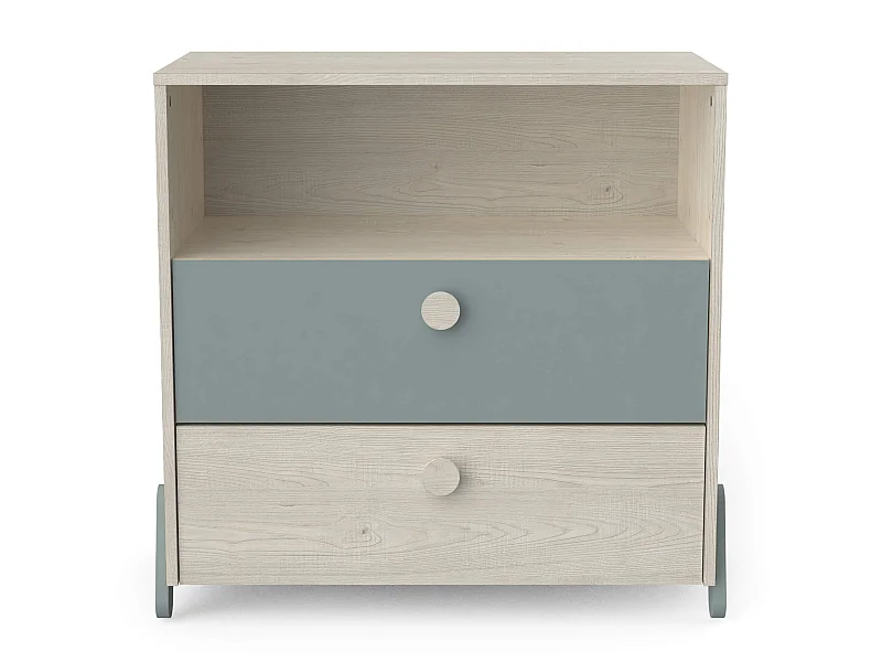 Commode enfant 2 tiroirs 1 niche en bois couleur chêne topanga et vert de gris - CO220