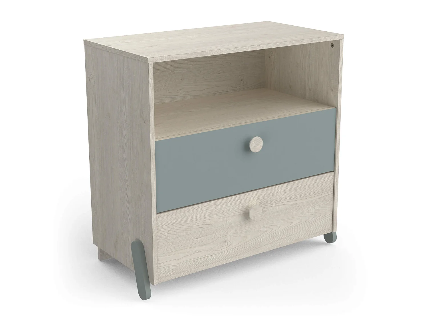Commode enfant 2 tiroirs 1 niche en bois couleur chêne topanga et vert de gris - CO220