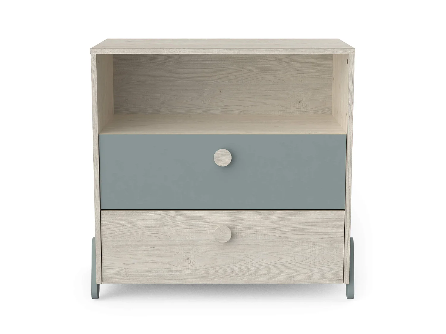 Commode enfant 2 tiroirs 1 niche en bois couleur chêne topanga et vert de gris - CO220