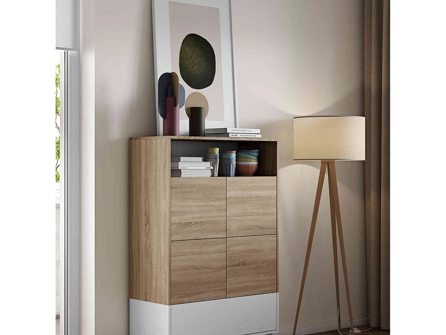 Commode en bois blanc avec placard et niche de rangement - CO6001