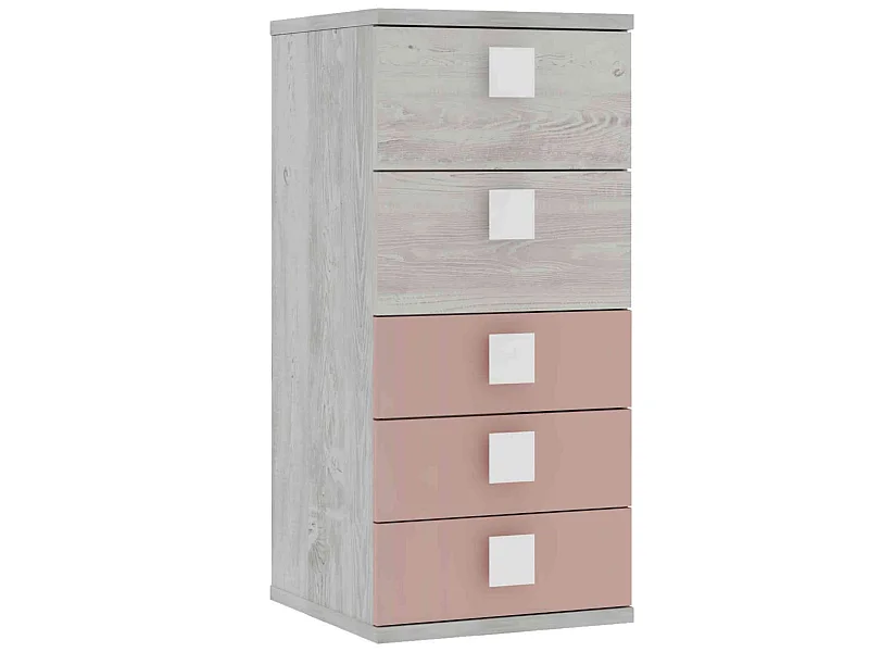 Chiffonnier 5 tiroirs en bois gris clair et rose - CF9071