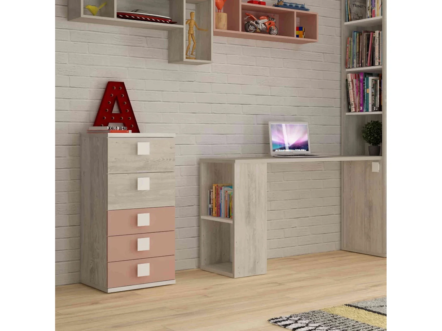 Chiffonnier 5 tiroirs en bois gris clair et rose - CF9071