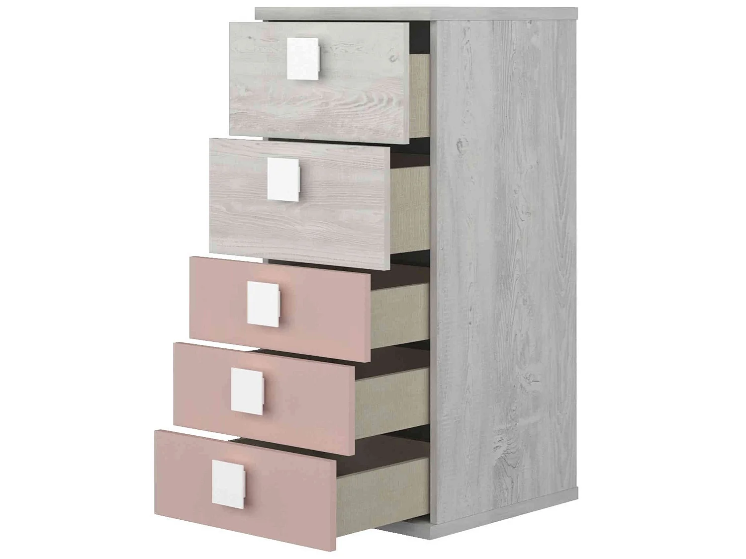 Chiffonnier 5 tiroirs en bois gris clair et rose - CF9071