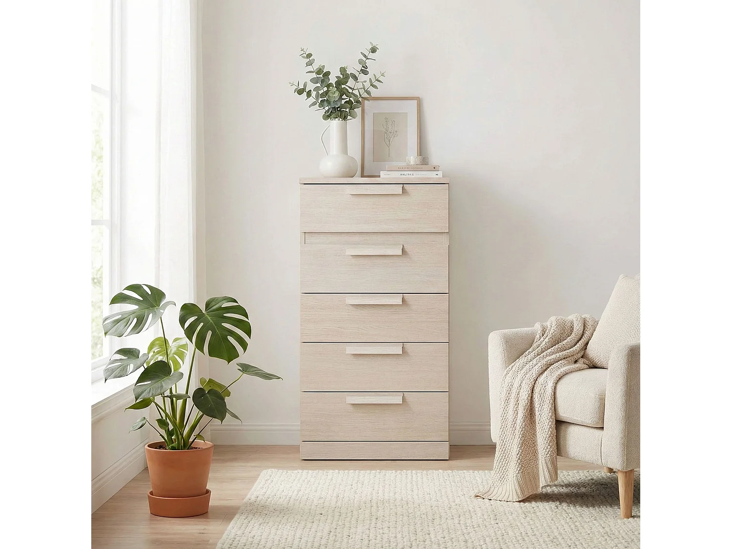 Chiffonnier 5 tiroirs imitation bois clair - CF5029