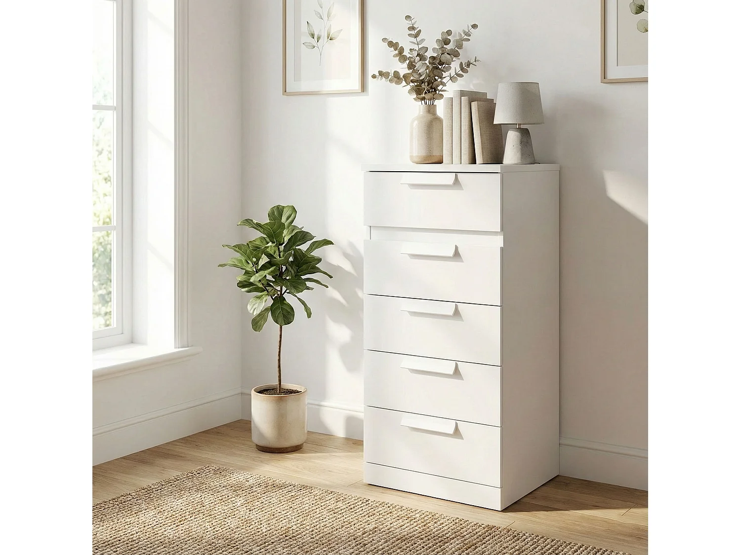 Chiffonnier 5 tiroirs en bois blanc - CF5029