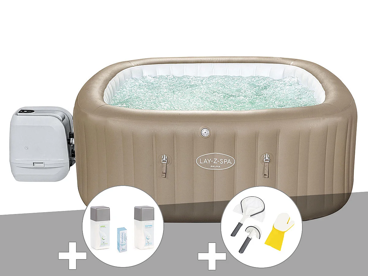 Kit spa gonflable Bestway Lay-Z-Spa Palma carré Hydrojet Pro 5/7 places + Kit traitement brome + Kit de nettoyage