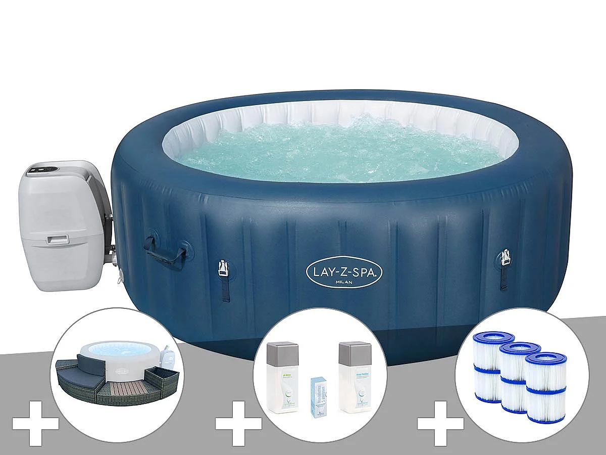 Kit spa gonflable Bestway Lay-Z-Spa Milan rond Airjet Plus 4/6 places + Ensemble mobilier + 6 filtres + Kit traitement brome
