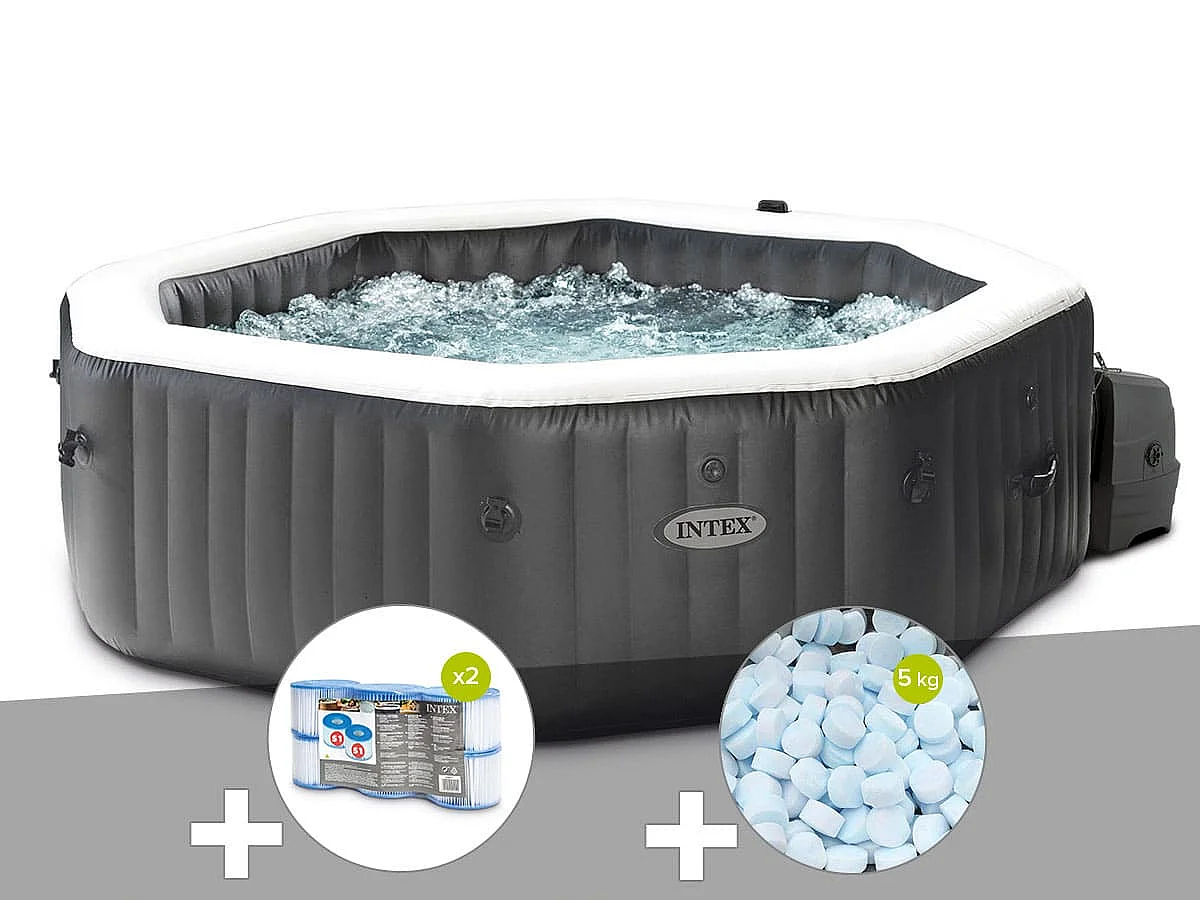 Kit spa gonflable Intex PureSpa Carbone octogonal Bulles et Jets 4 places + 12 filtres + 5 kg de sel