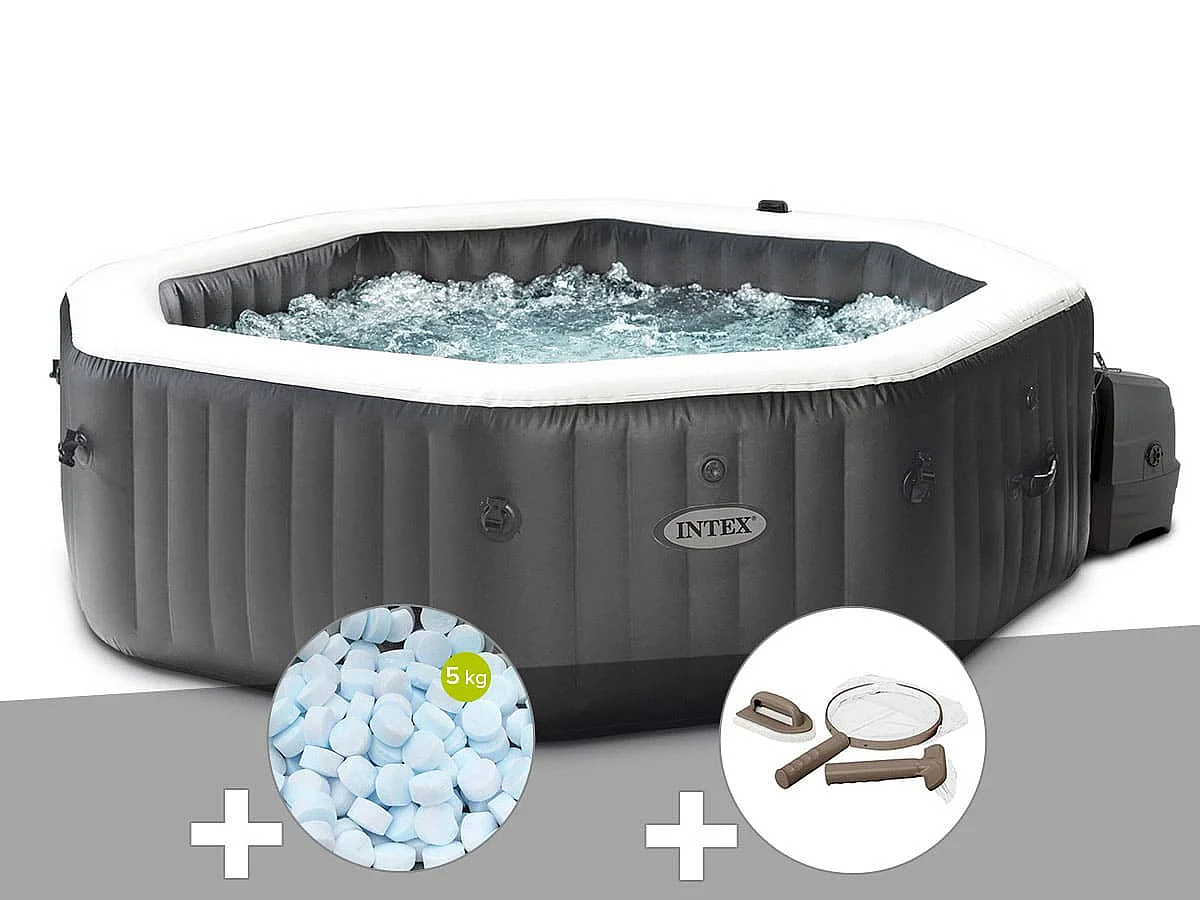 Kit spa gonflable Intex PureSpa Carbone octogonal Bulles et Jets 4 places + 5 kg de sel + Kit d'entretien
