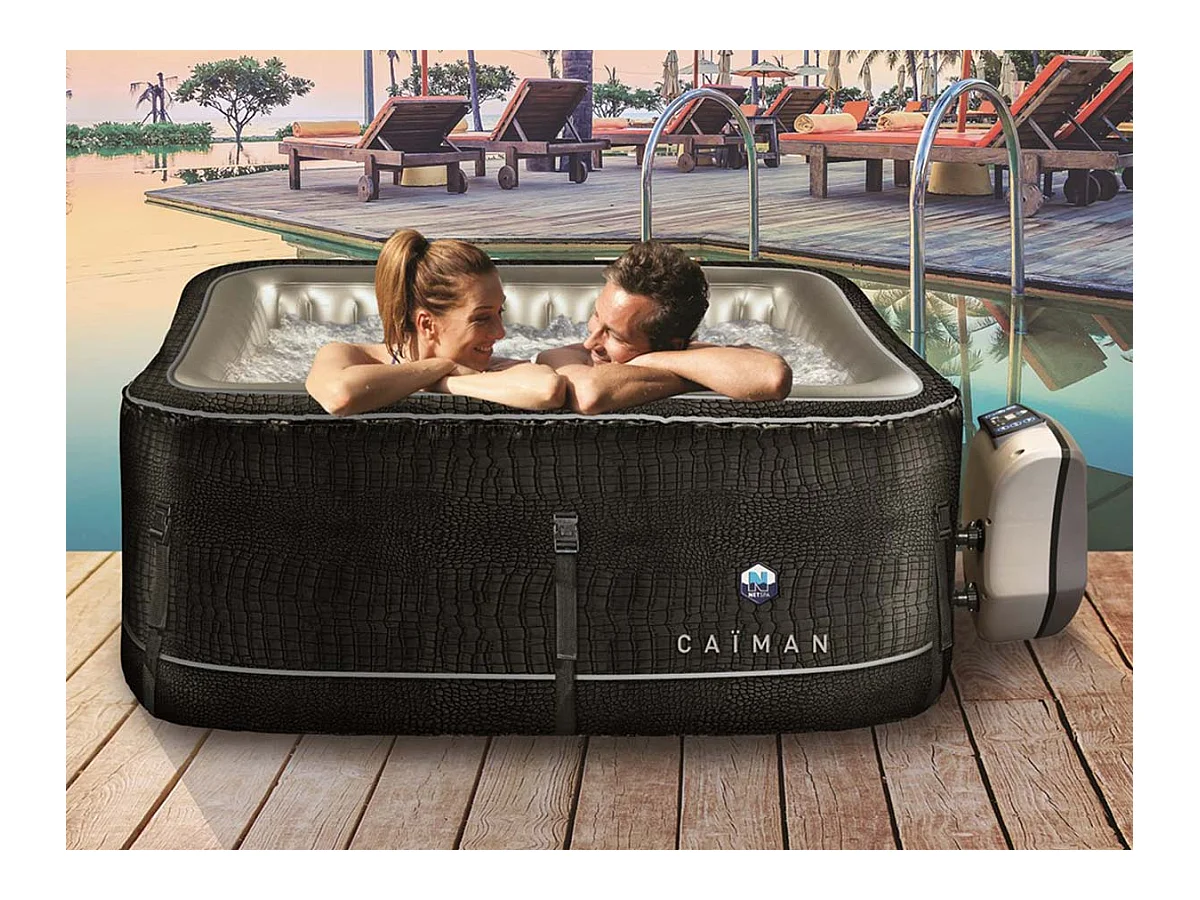 Pack Spa gonflable Netspa carré Caiman 4 Places 168x168x70cm Similicuir 3 fonctions Chauffage, Filtration, Massage Vol 700L