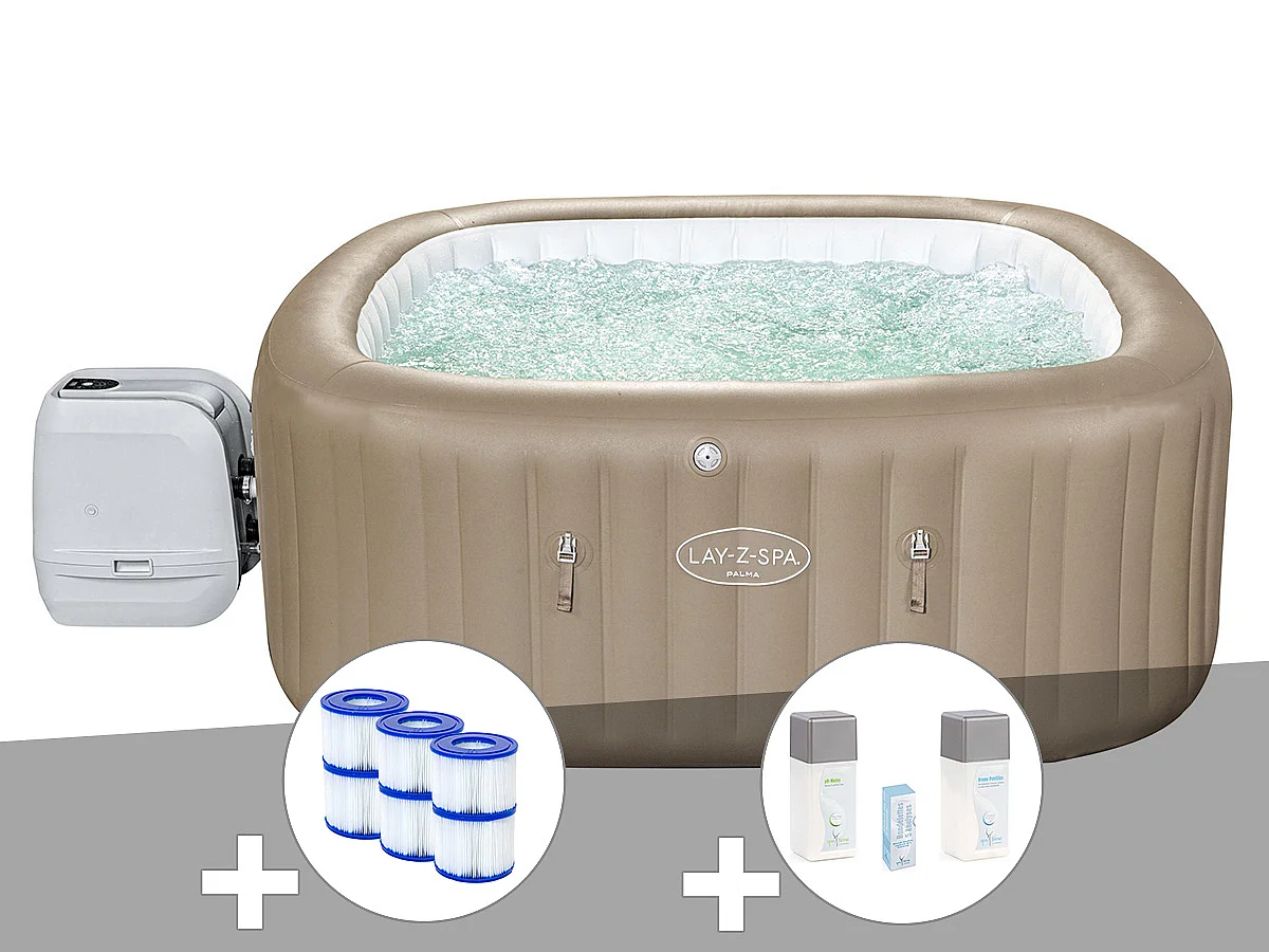 Kit spa gonflable Bestway Lay-Z-Spa Palma carré Hydrojet Pro 5/7 places + 6 filtres + Kit traitement brome