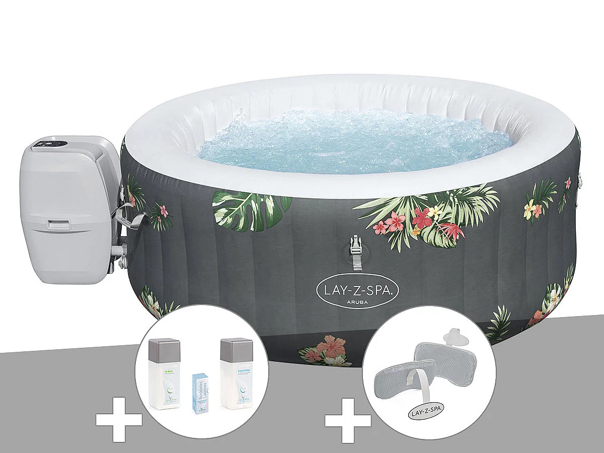 Kit spa gonflable Bestway Lay-Z-Spa Aruba rond Airjet 2/3 places + Kit traitement brome + 2 appuie-têtes