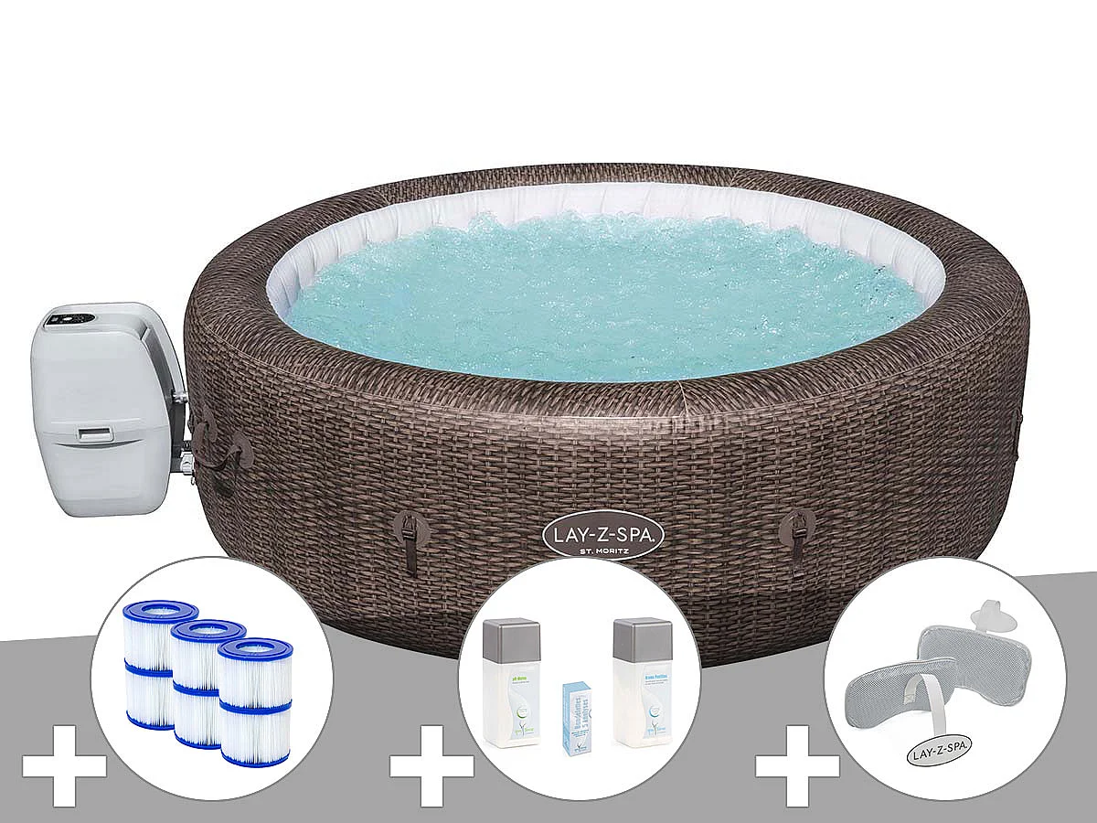 Kit spa gonflable Bestway Lay-Z-Spa St Moritz rond Airjet 5/7 places + 6 filtres + Kit traitement brome + 2 appuie-têtes