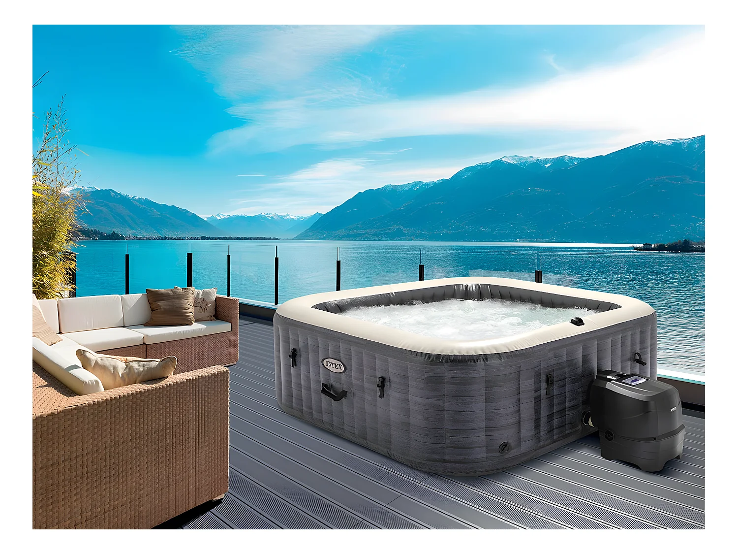 Kit spa gonflable Intex PureSpa Ardoise carré Bulles 6 places + Kit d'entretien + Porte-verre