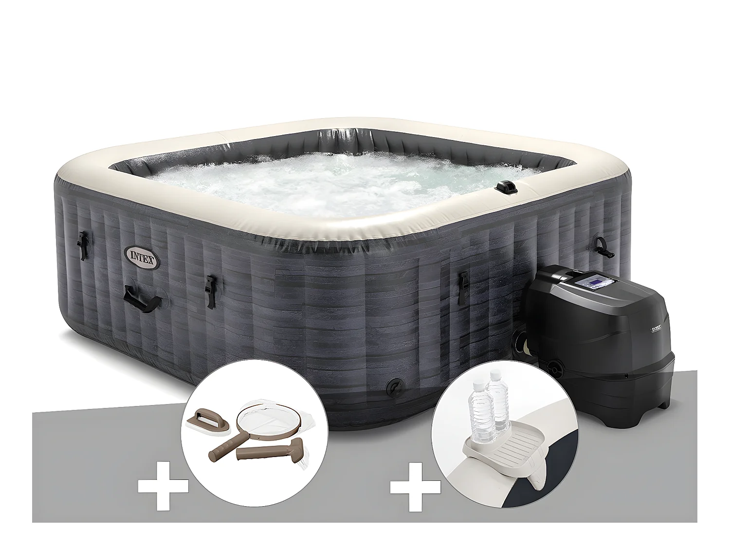Kit spa gonflable Intex PureSpa Ardoise carré Bulles 6 places + Kit d'entretien + Porte-verre