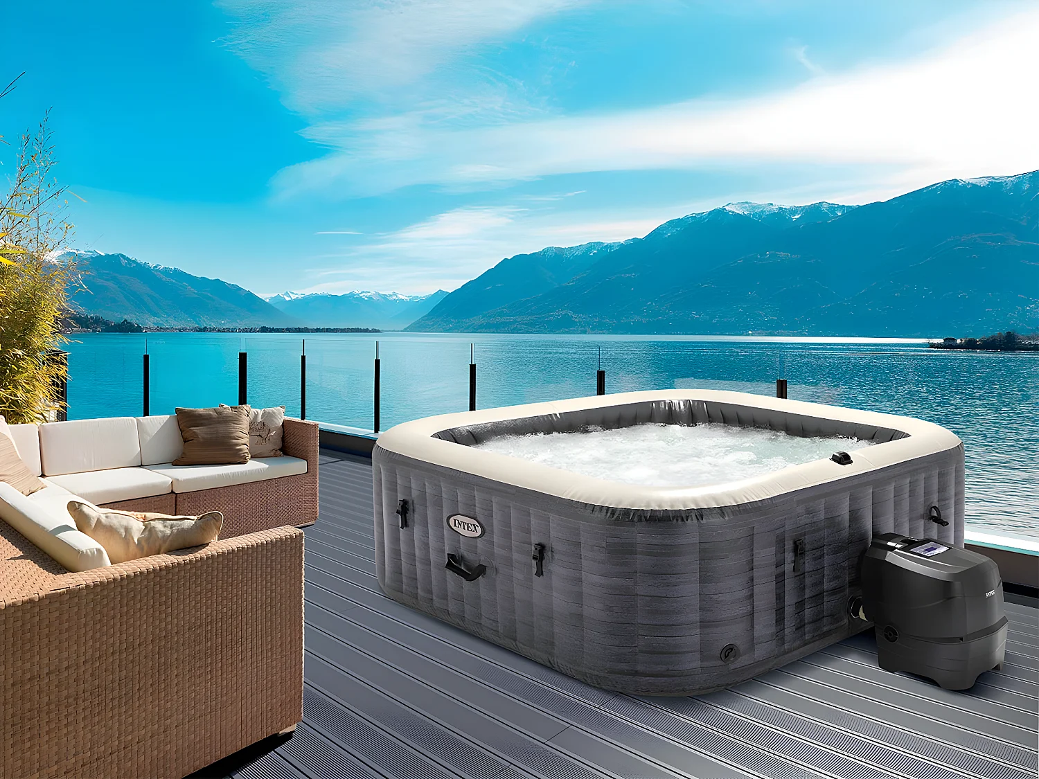 Kit spa gonflable Intex PureSpa Ardoise carré Bulles 6 places + Kit d'entretien + Porte-verre