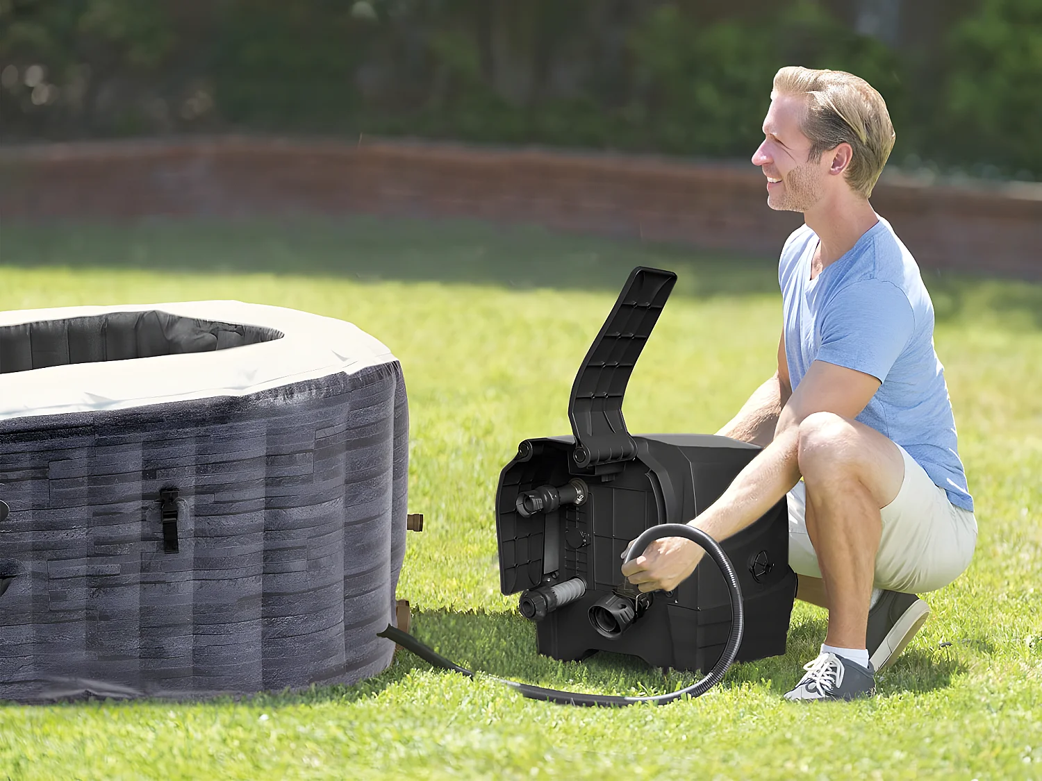 Kit spa gonflable Intex PureSpa Ardoise carré Bulles 6 places + Kit d'entretien + Porte-verre