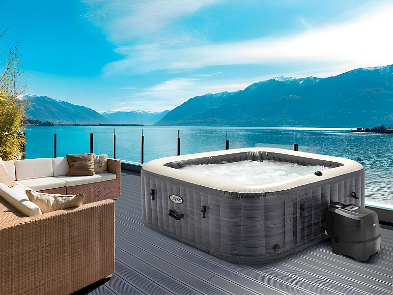 Kit spa gonflable Intex PureSpa Ardoise carré Bulles 6 places + Kit d'entretien + Porte-verre