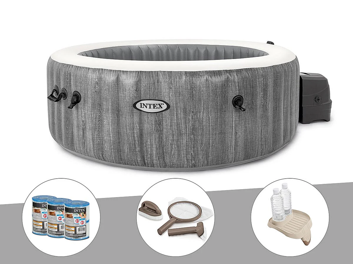 Kit spa gonflable Intex PureSpa Baltik rond Bulles 4 places + 6 filtres + Kit d'entretien + Porte-verre