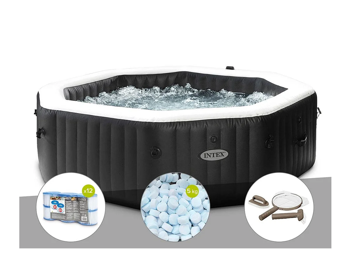 Kit spa gonflable Intex PureSpa Carbone octogonal Bulles et Jets 6 places + 12 filtres + 5 kg de sel + Kit d'entretien