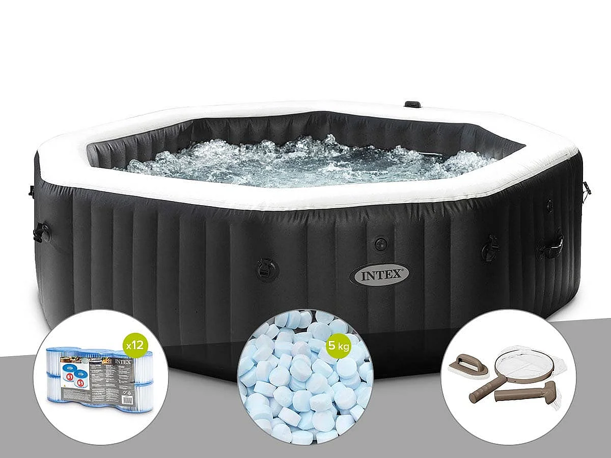 Kit spa gonflable Intex PureSpa Carbone octogonal Bulles et Jets 6 places + 12 filtres + 5 kg de sel + Kit d'entretien