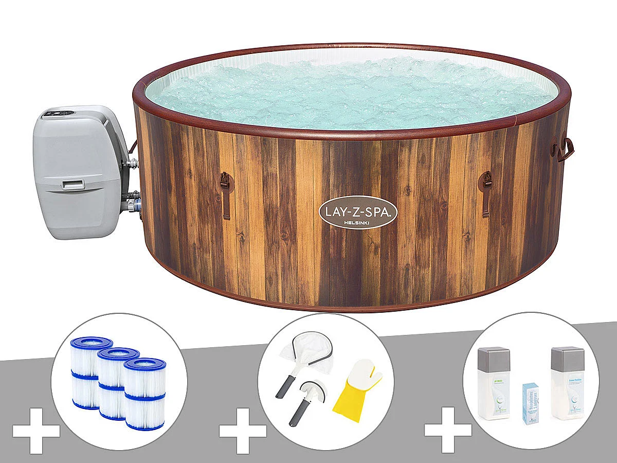 Kit spa gonflable Bestway Lay-Z-Spa Helsinki rond Airjet 5/7 places + 6 filtres + Kit de nettoyage + Kit de traitement au brome