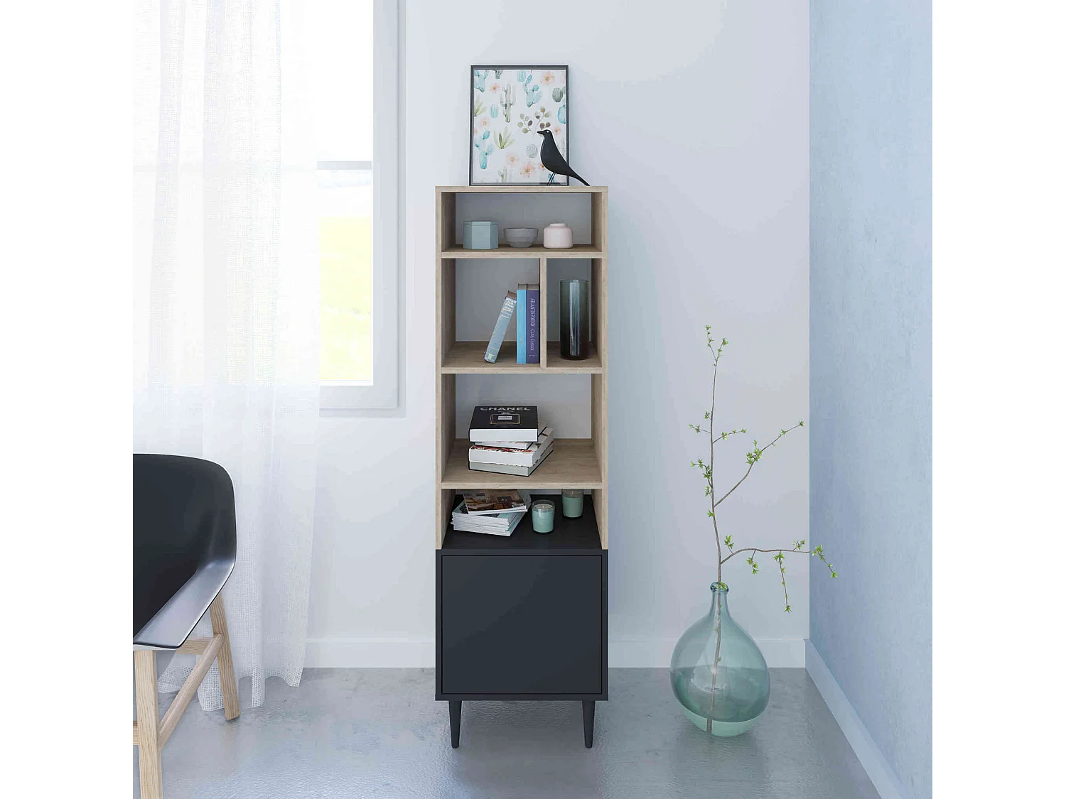 Bibliothèque en bois noir avec placard et niche de rangement - BI6005