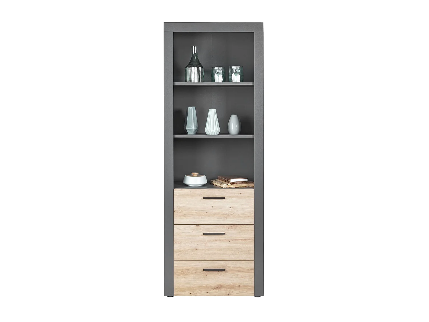 Etagère 3 niches en bois anthracite avec 3 tiroirs chêne artisan - ET12117
