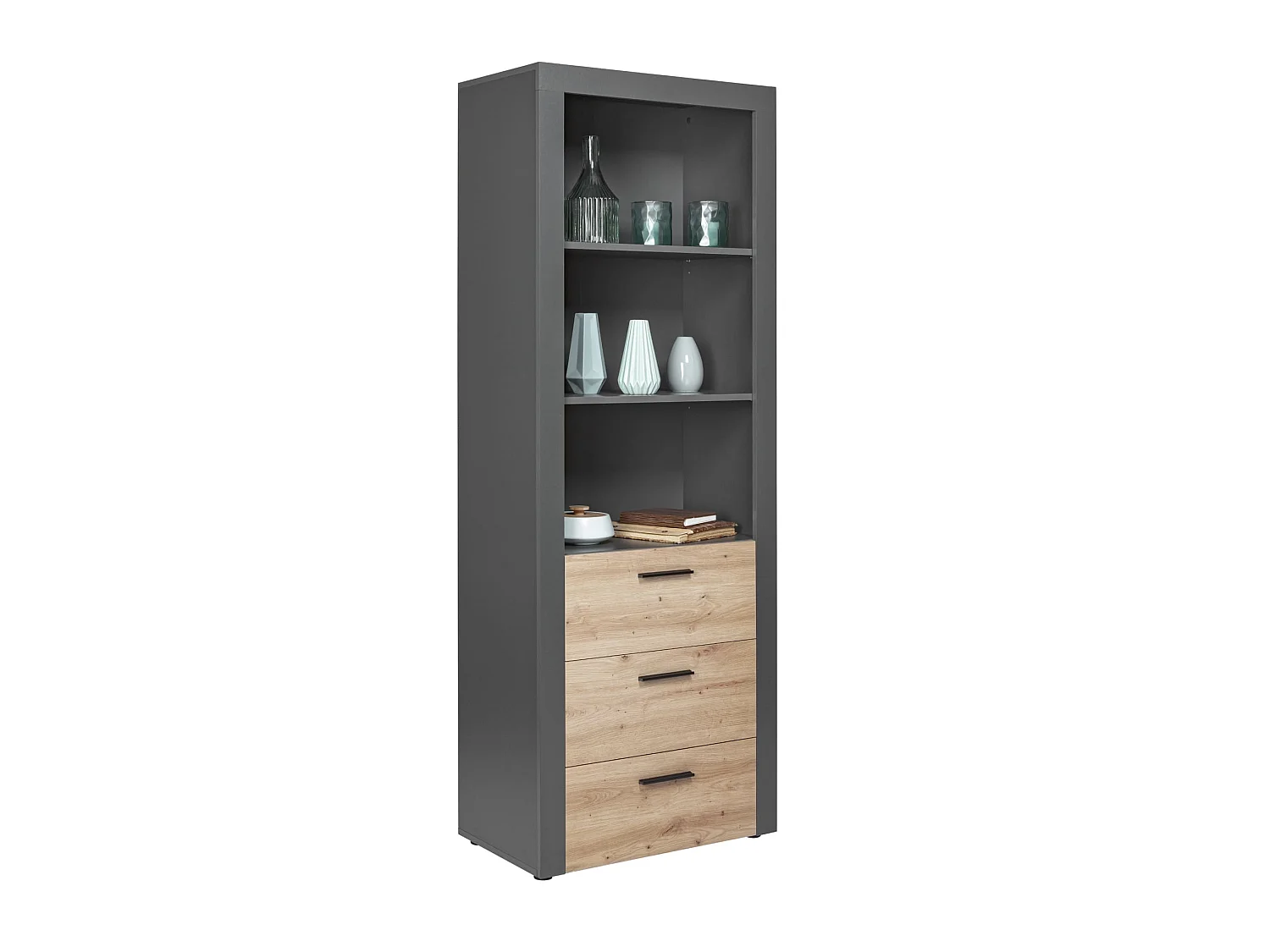 Etagère 3 niches en bois anthracite avec 3 tiroirs chêne artisan - ET12117