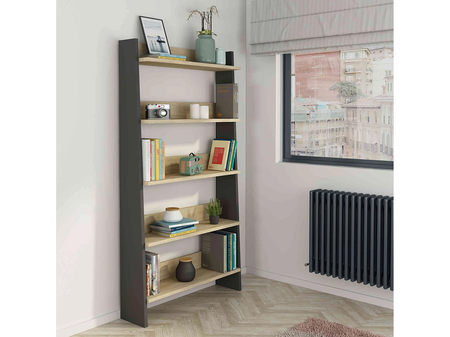 Bibliothèque 5 étagères en bois imitation chêne et gris - BI9049