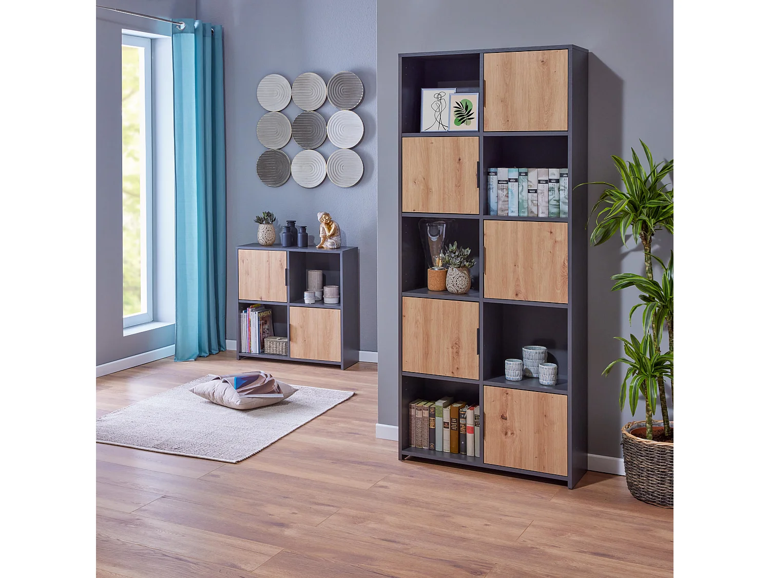 Etagère 10 cases en bois anthracite avec 5 portes battantes chêne artisan - ET12116