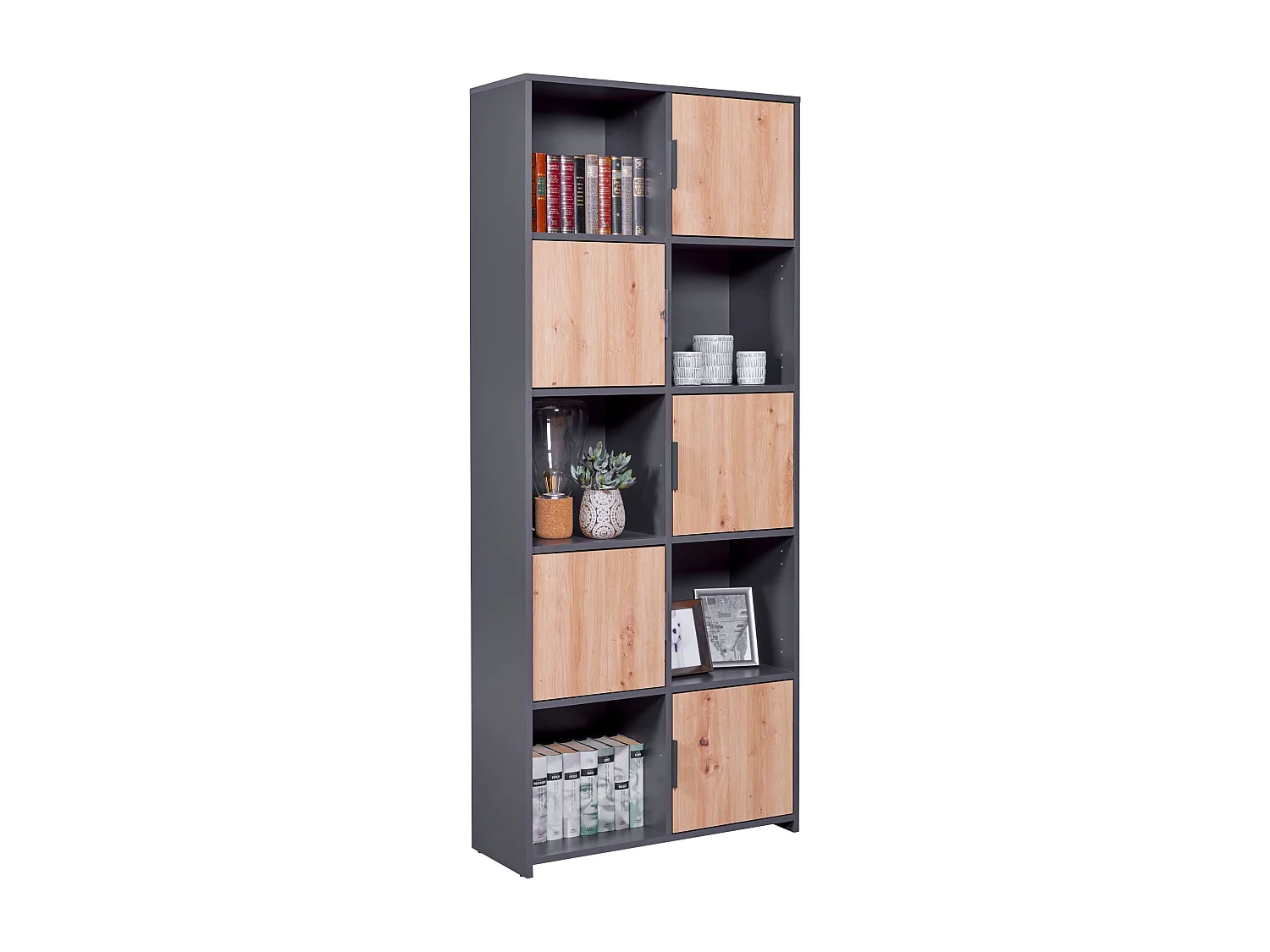 Etagère 10 cases en bois anthracite avec 5 portes battantes chêne artisan - ET12116
