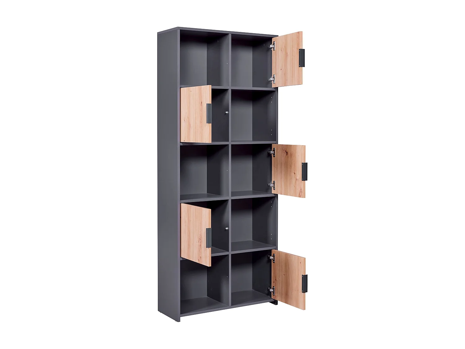 Etagère 10 cases en bois anthracite avec 5 portes battantes chêne artisan - ET12116