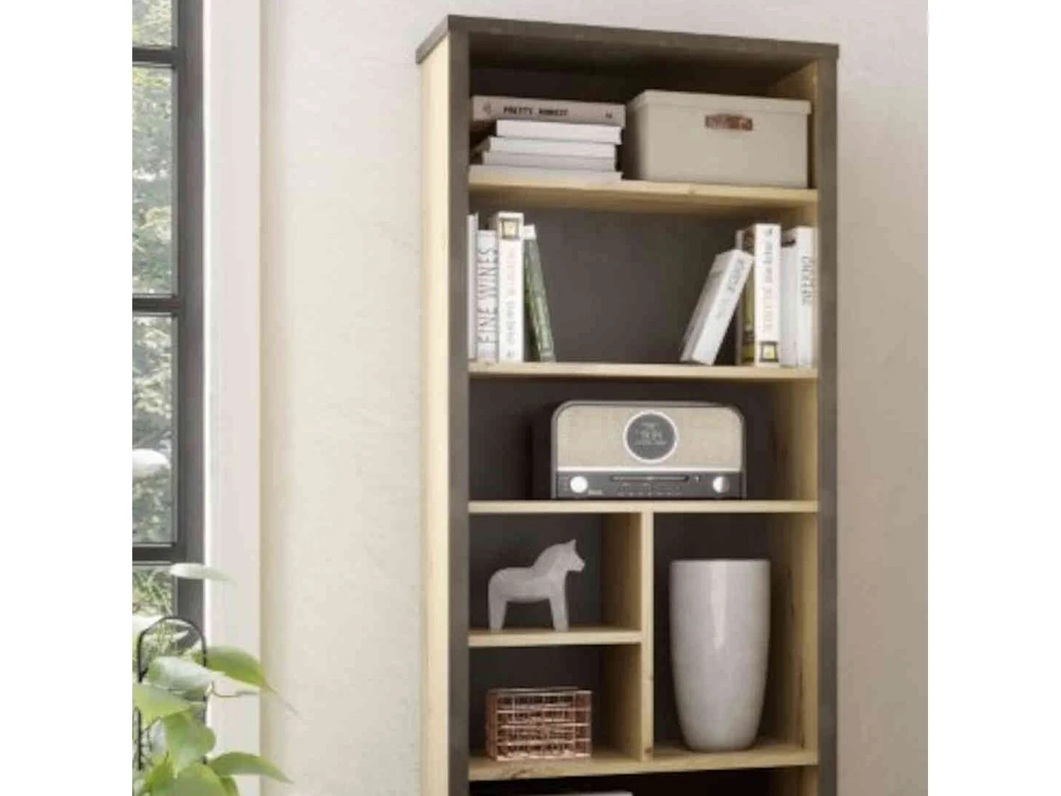 Bibliothèque haute 9 cases en bois imitation chêne clair - BI13001-1