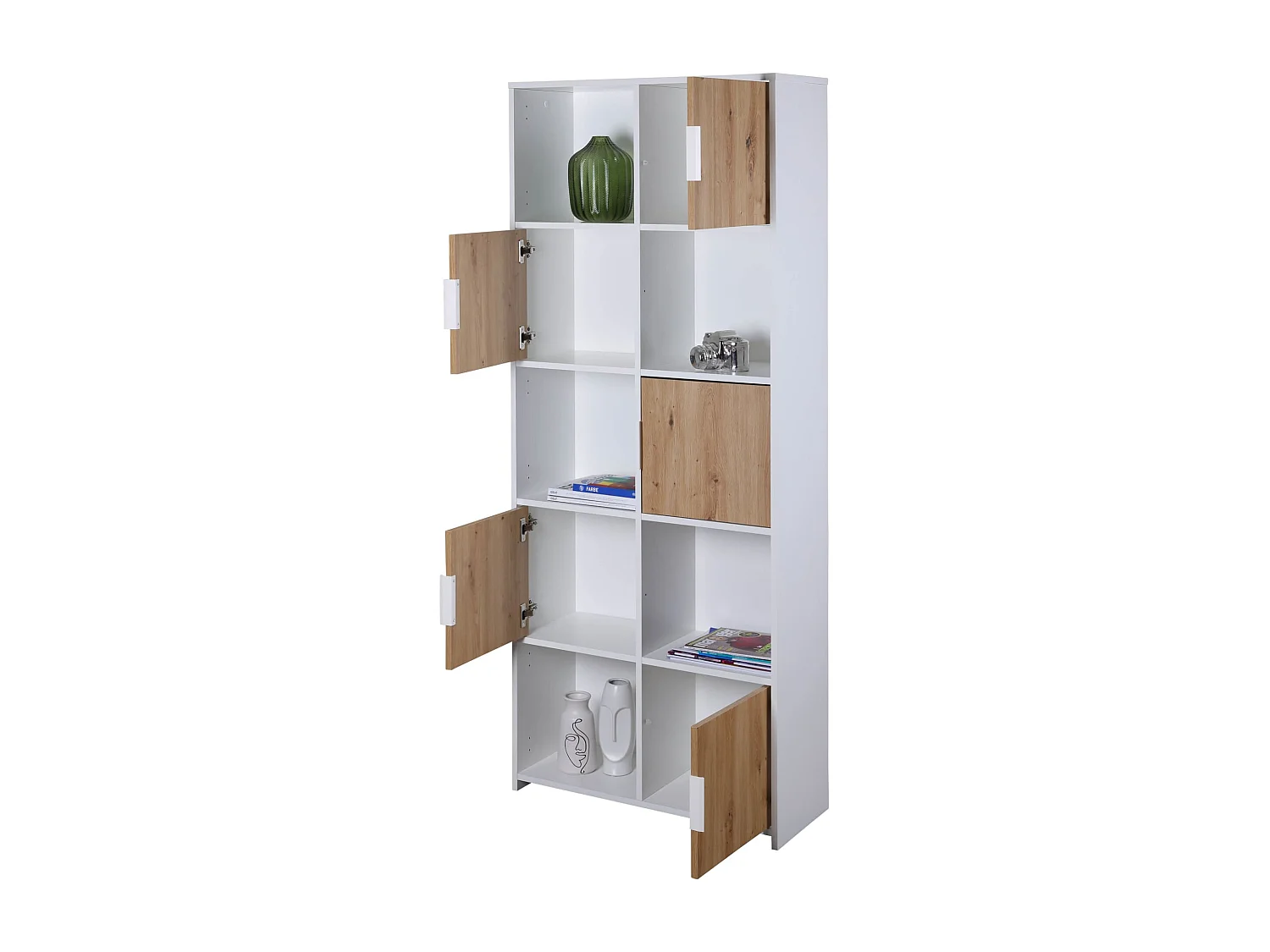Etagère 10 cases en bois blanc avec 5 portes battantes chêne artisan - ET12116