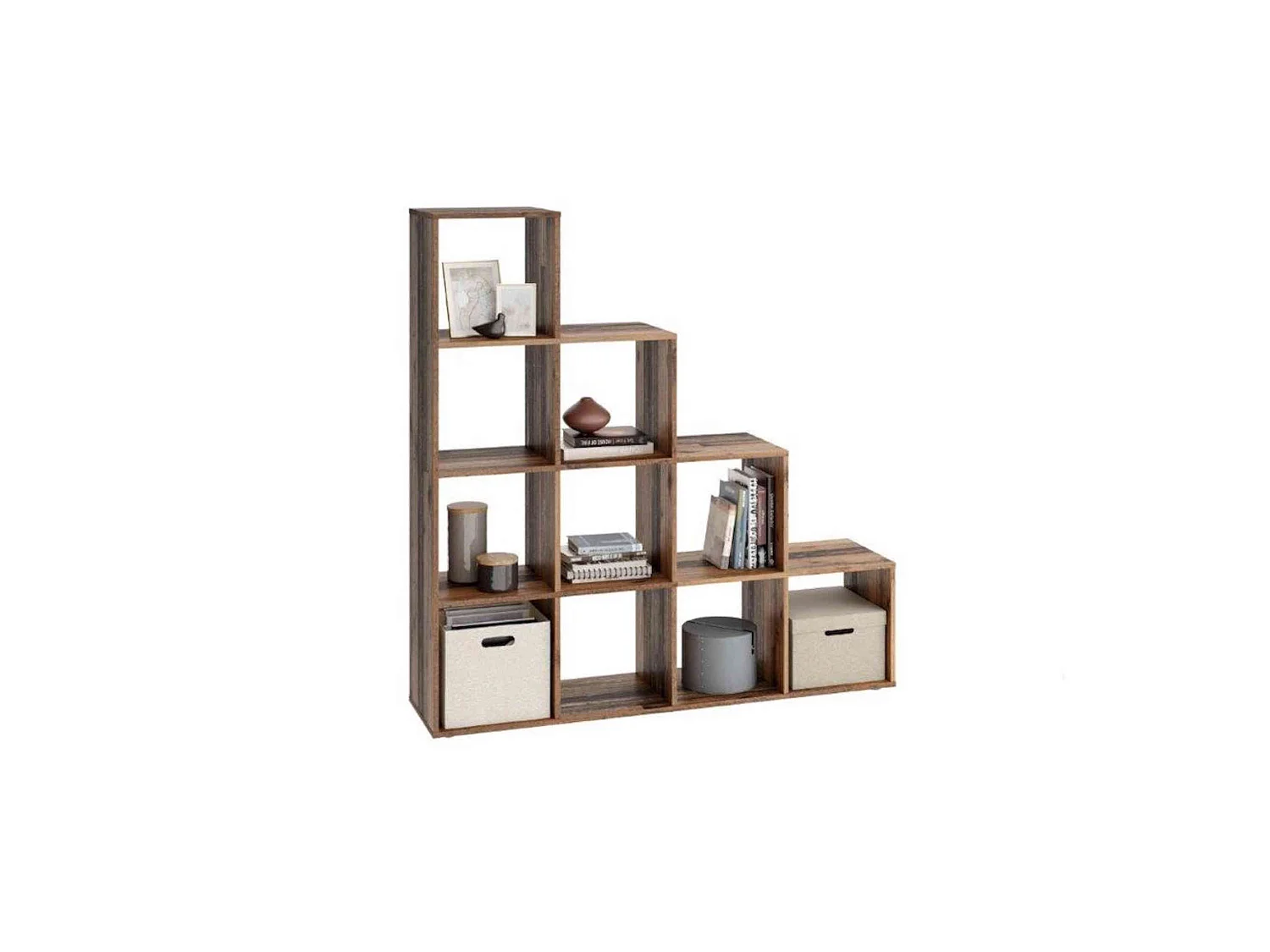 Bibliothèque escalier 10 cases en bois old style foncé - BI13009